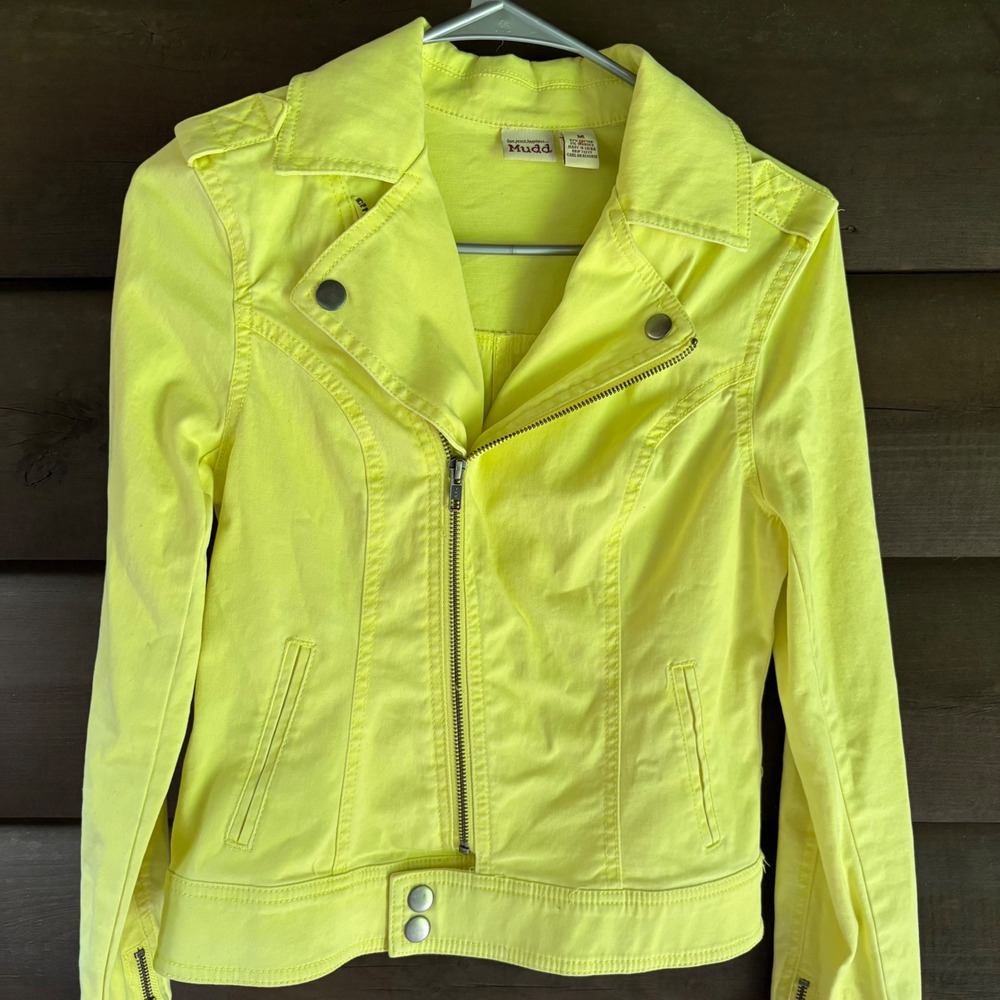 Mudd Womens Neon Yellow Denim Moto Biker Jacket Size Medium Cotton Stretch